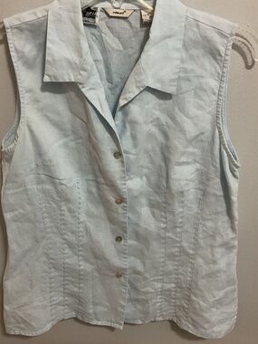 Vintage Edward 100% Irish Linen Blue Sleeveless Button Up Collared Top, MED
